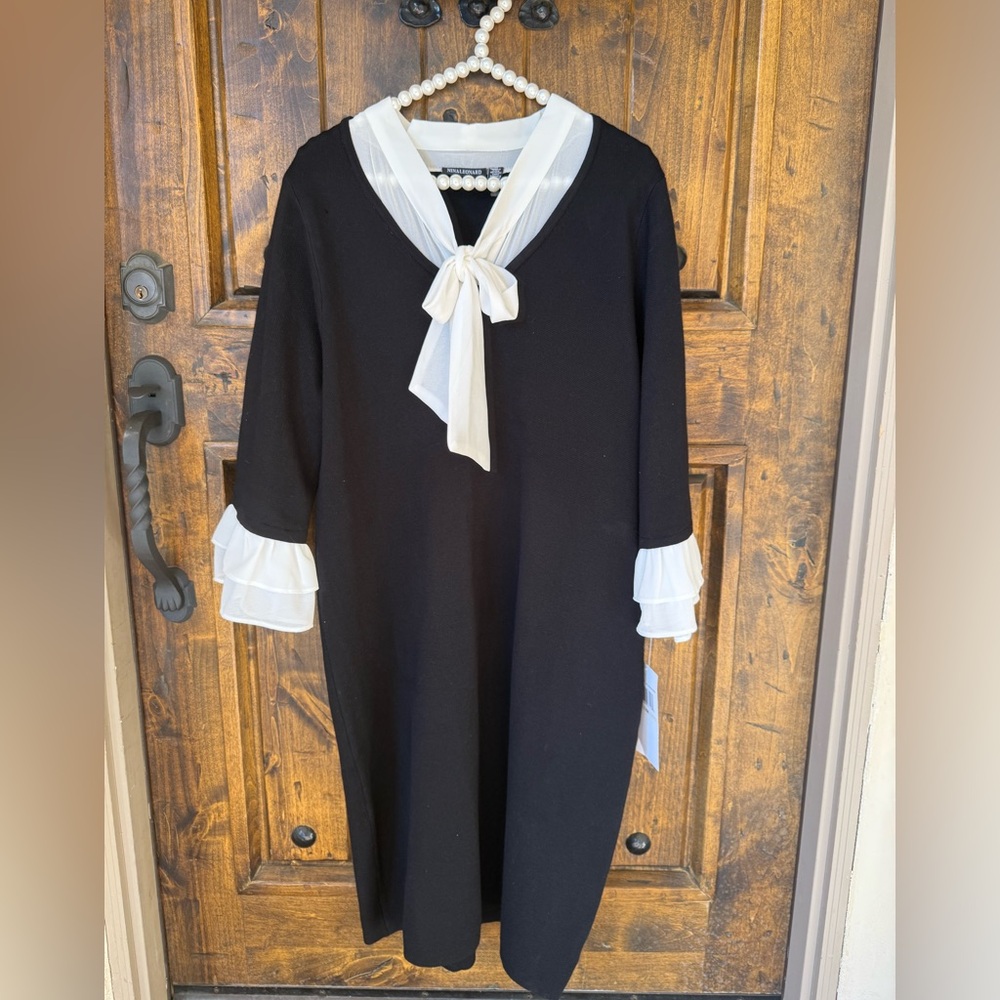 NINA LEONARD Black Comfortable Knit Dress White Bow, Ruffle Cuffs Sz 1X NWT